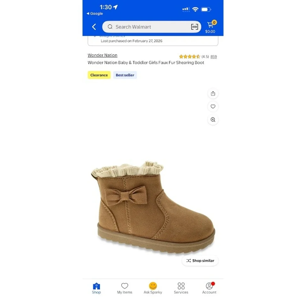Wonder‎ Nation Toddler Girls Faux Suede Shearling Boots Brown Bow Size 6 NEW